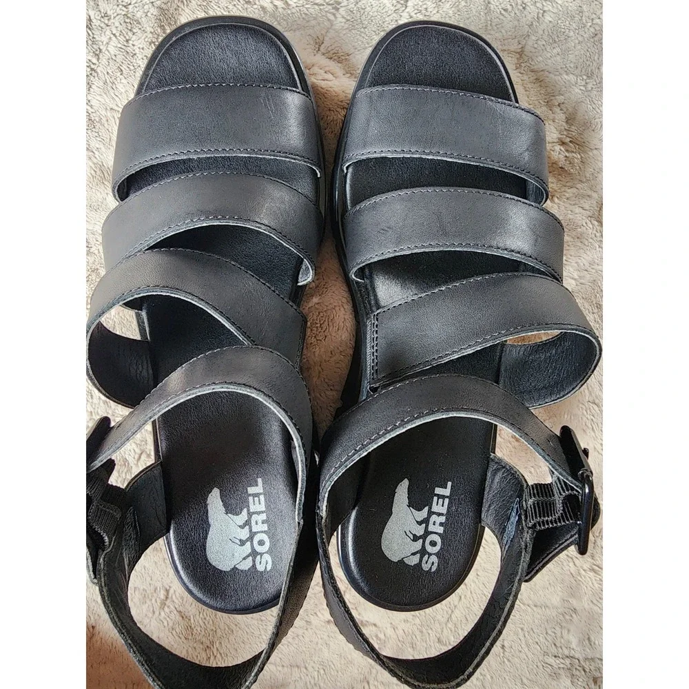 Sorel Joanie III Black Ankle Strap Leather Wedge Sandals Womens 8.5 1986121010